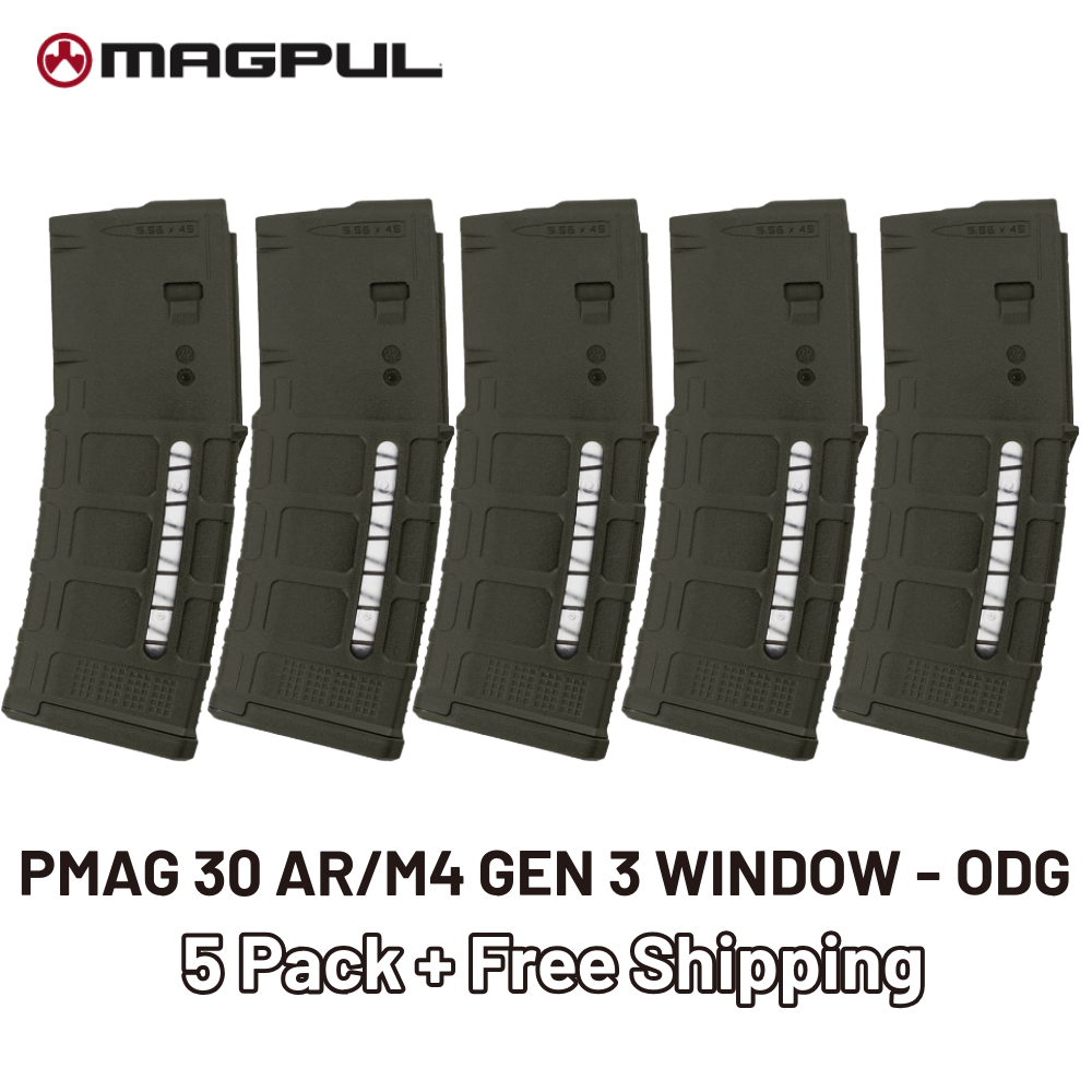 MAGPUL PMAG AR/M4 Gen 3 Window ODG 223/5.56 30 Round Rifle Magazine (5-pack) - Free Shipping